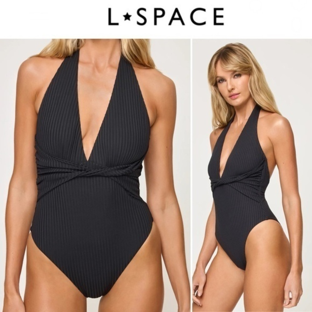 🔥 NWT L*Space Coast To Coast Black Halter One-Piece Swimsuit sz L 183$